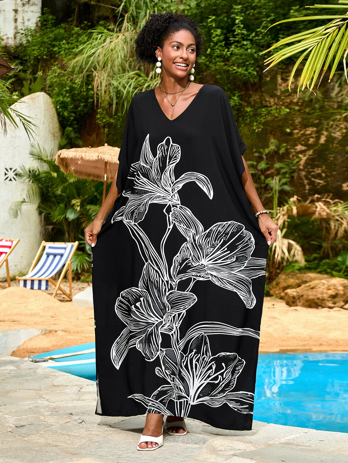 Robes caftan pour femmes, grande taille, maillot de bain, Cover-up, col en v, robe chauve-souris, coupe ample, robes mumu marocaines