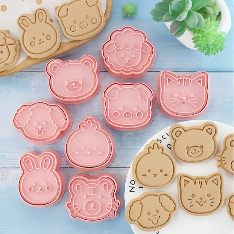 8Pcs/Set Animal Portrait Cookie Stamp Mold Bear Pig Chicken Dog Rabbit Sheep Tiger Cat Shape Biscuit Mold Baking Tools view 4