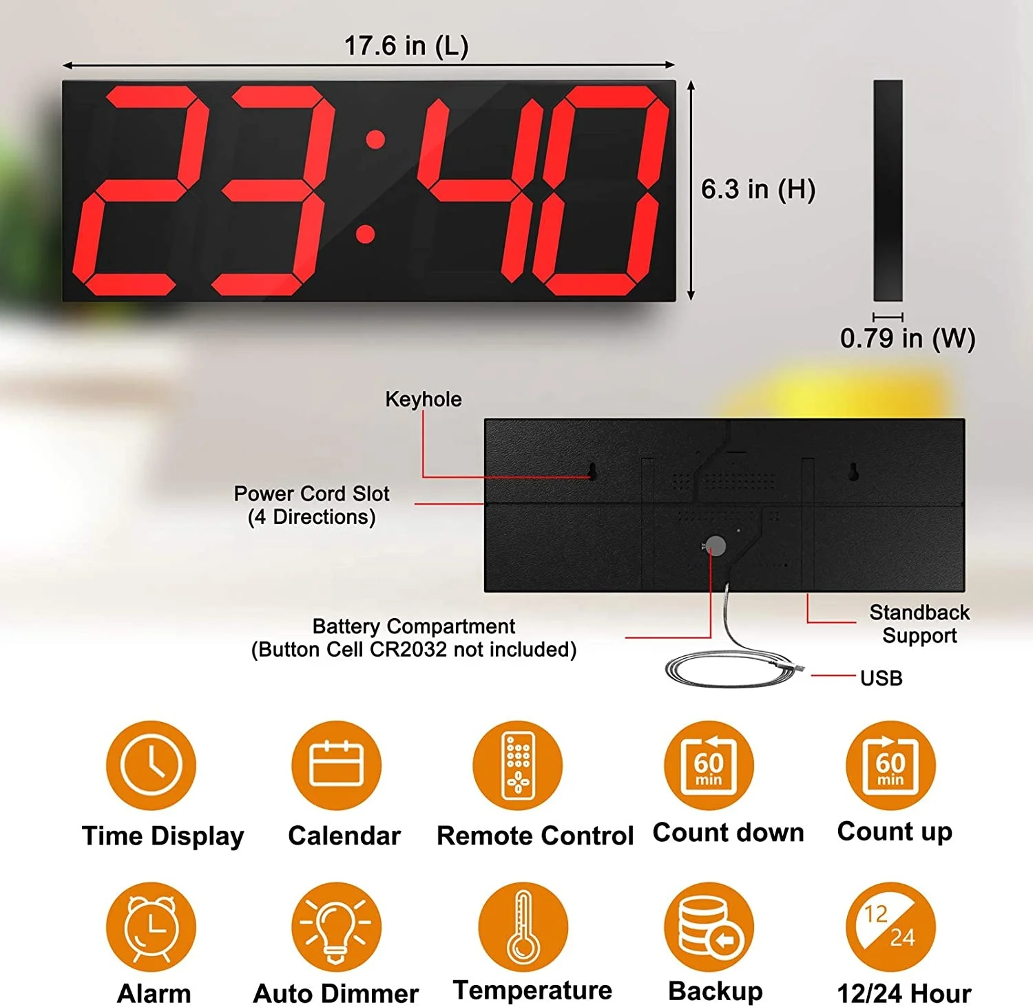 6 Inch Large Display Portable LED Digital Alarm Wall Clock Stopwatch Countdown Timer with Buzzer