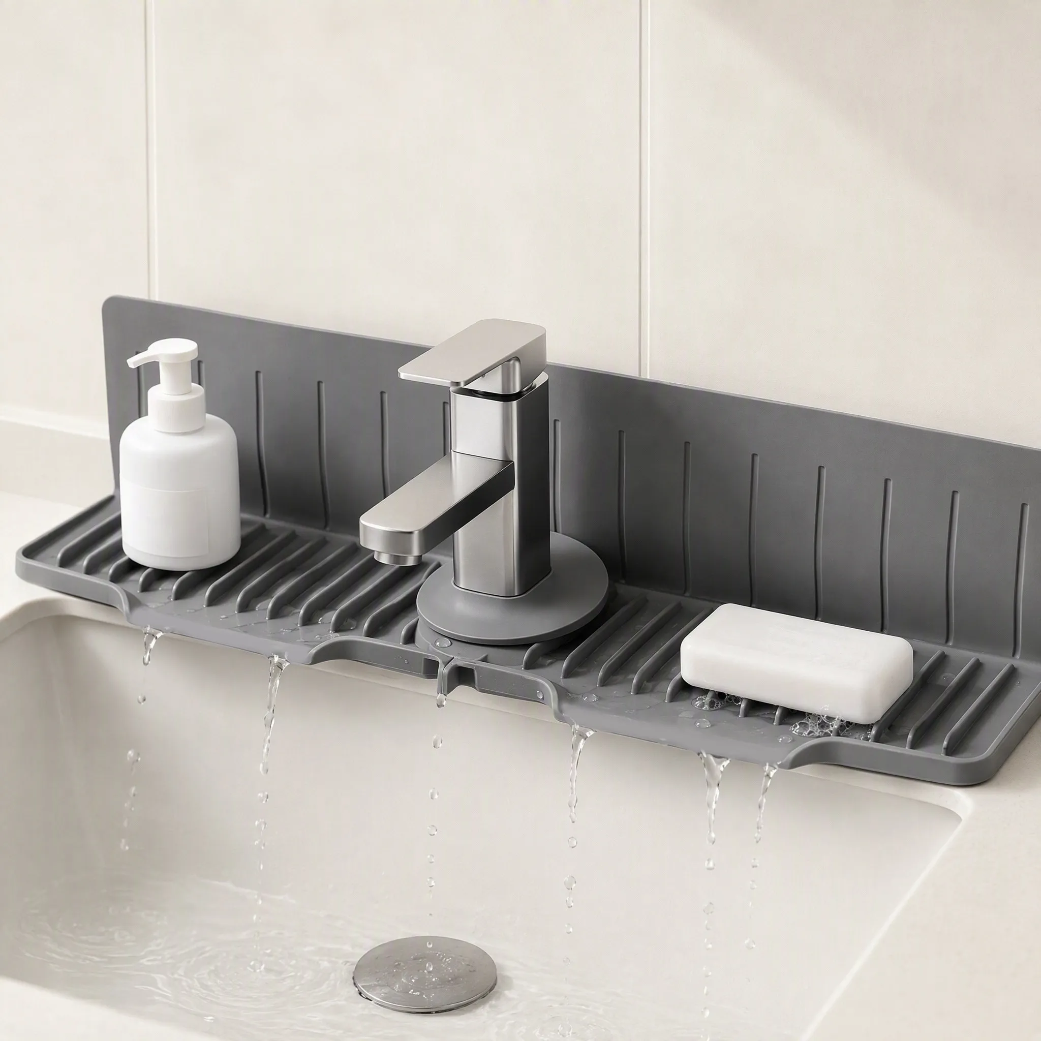 Silicone Sink Faucet Pad 24x9 Inch Waterproof Splash Guard with Suction Cups for Farmhouse Kitchen Sloped Drain Design Non Slip view 5