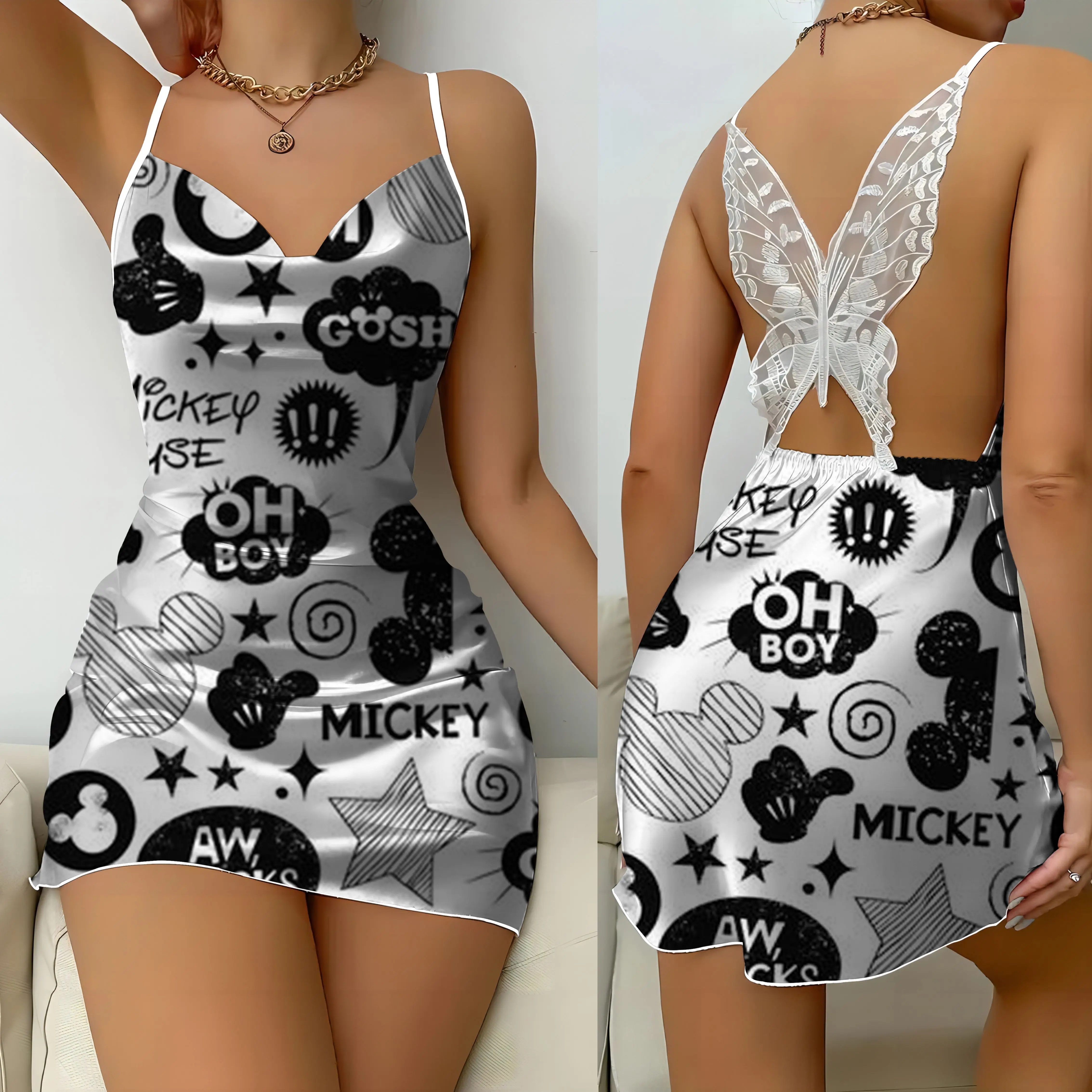 Abito estivo da donna Abiti da donna Superficie in raso Fiocco Nodo Gonna pigiama Topolino Disney Minnie Mouse Moda 2024 Party Mini Sexy