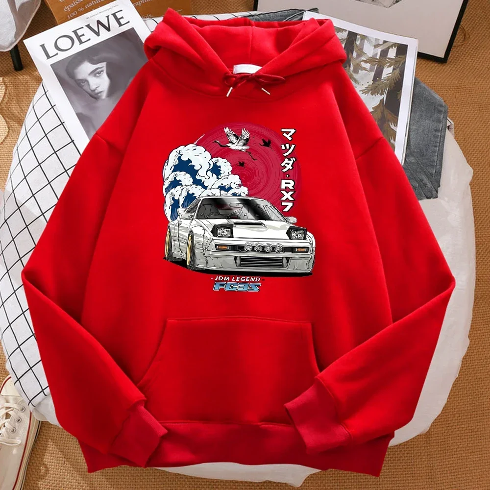 Fashion Car Waves Crane Red Sun Prints Hoody Men Oversize Sweatshirt Autumn Pocket Warm Hooded Hipster Soft Streetwear