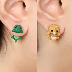 2pcs Cartoon Animal Stud Earrings for Men Women Cute Dinosaur Ear Piercing Funny Clay Ear Biting Jewelry