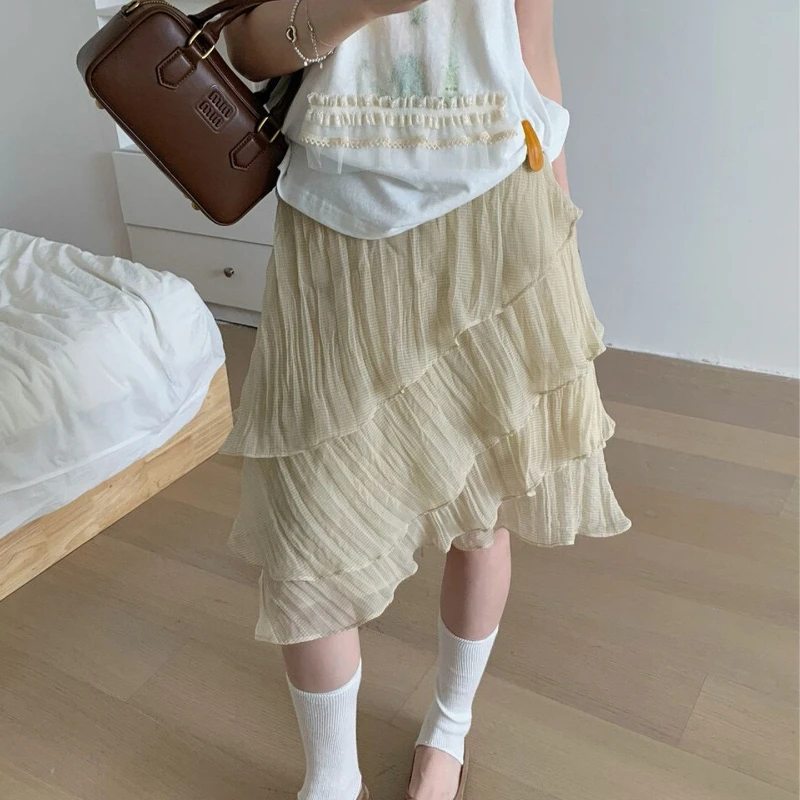 Deeptown Korean Style Tulle Skirt Women Fairycore Sweet Asymmetrical Ruffle Skirts Vintage Elegant Streetwear Layered Skirts