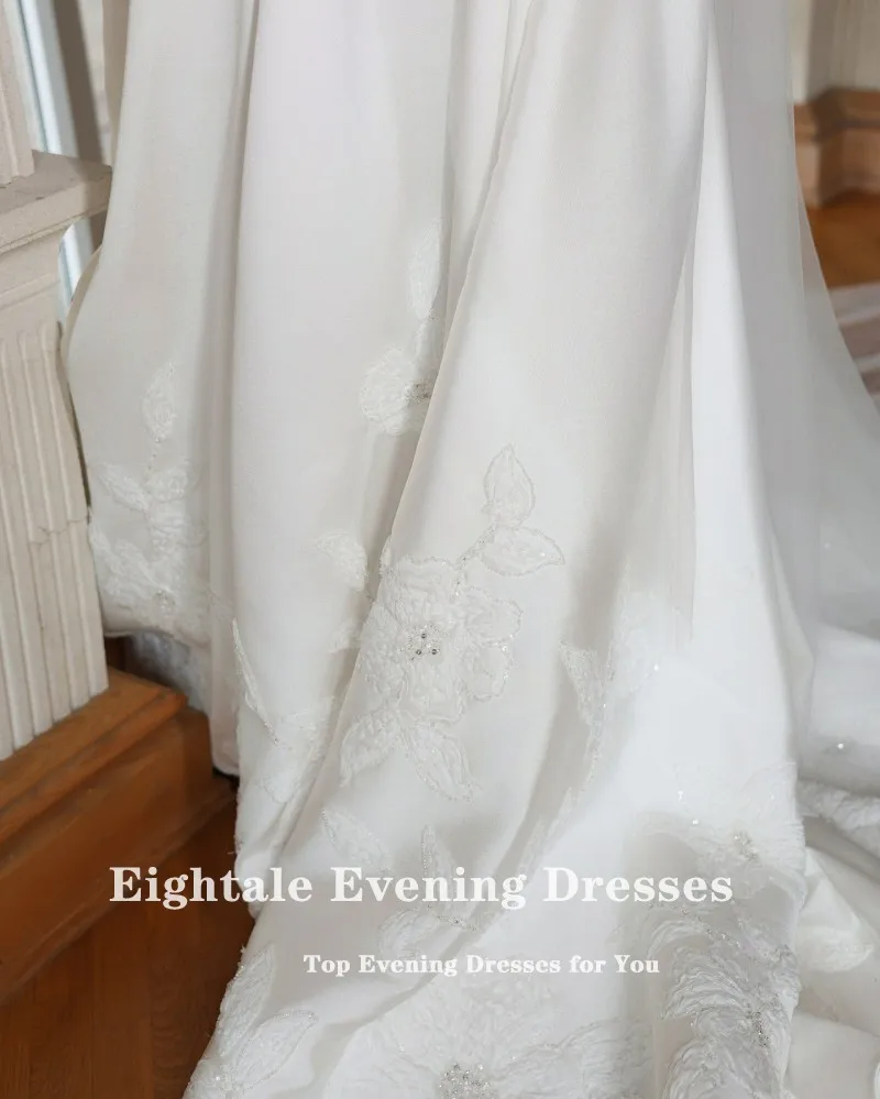 Eightale Abito da sposa arabo Personalizzato Bianco Avorio Scollo a V Perline Maniche lunghe Pizzo Abito da sposa in raso musulmano Robe De Mariée