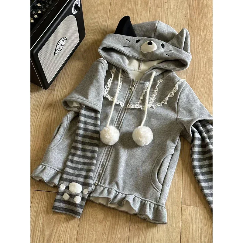 Japanese Two-dimensional Cute Lace Edge Fake Two-piece Hooded Sweatshirt Women\'s Autumn New Striped Loose Hoodies Jacket Tide
