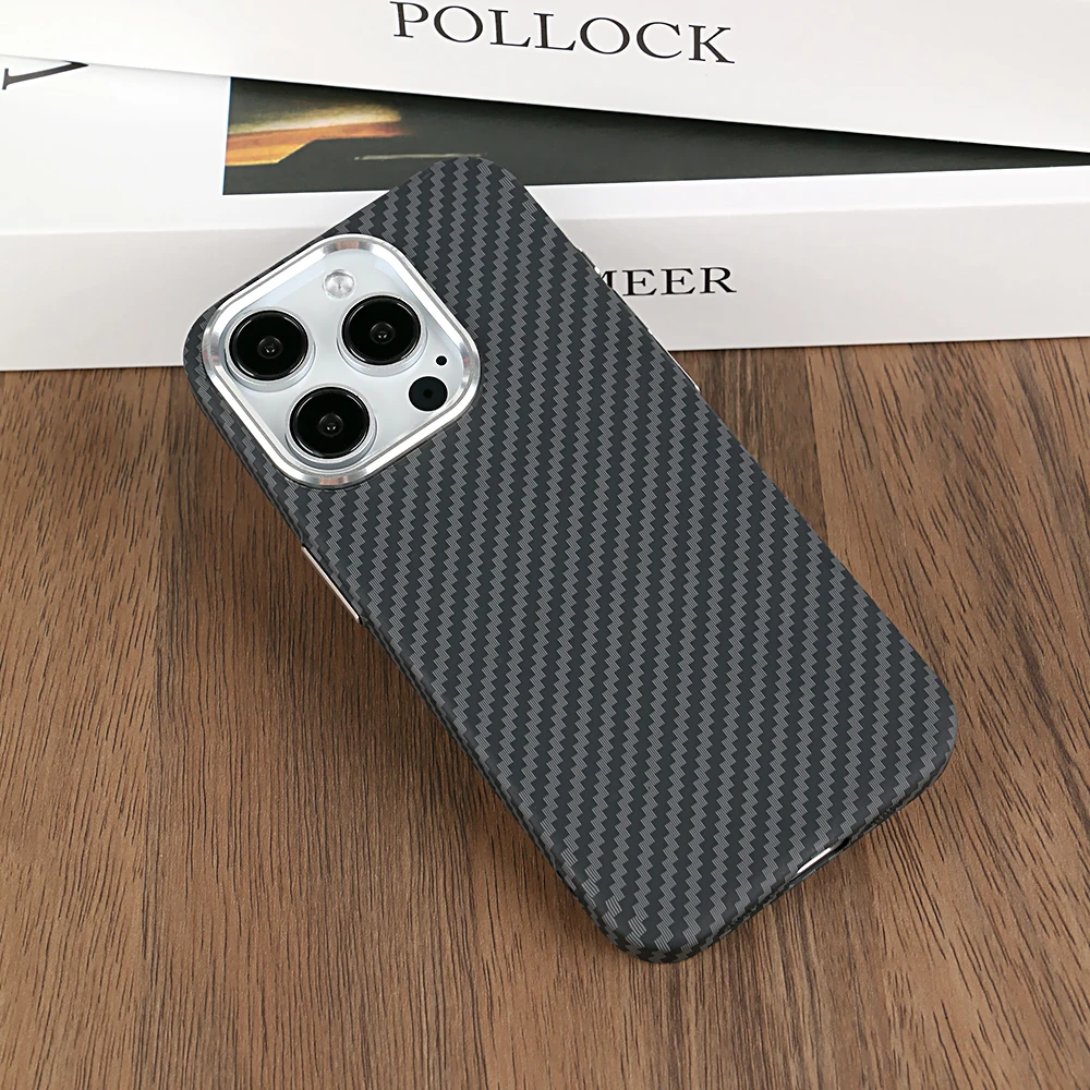 Luxury Carbon Fiber Texture Magsafe Case For iPhone 15 14pro 13 15 Pro Max Alloy Lens Frame Wireless Charging Hard Back Cover