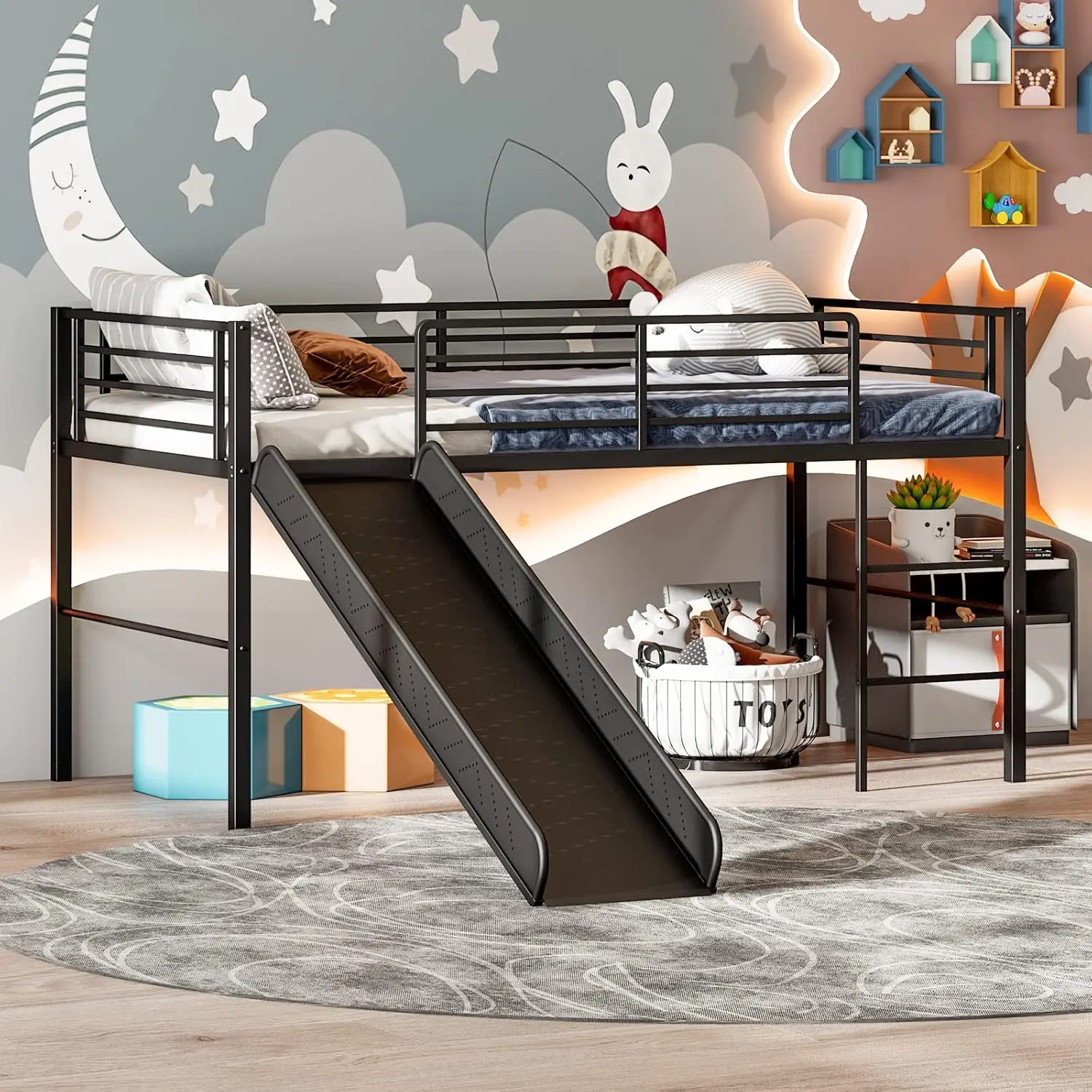 Loft Bed with Slide, Metal Low Bunk Bed w/Safety Guardrails & Built-in Ladder, Toddler Bed Floor Frame for Boys & Girls, No Box