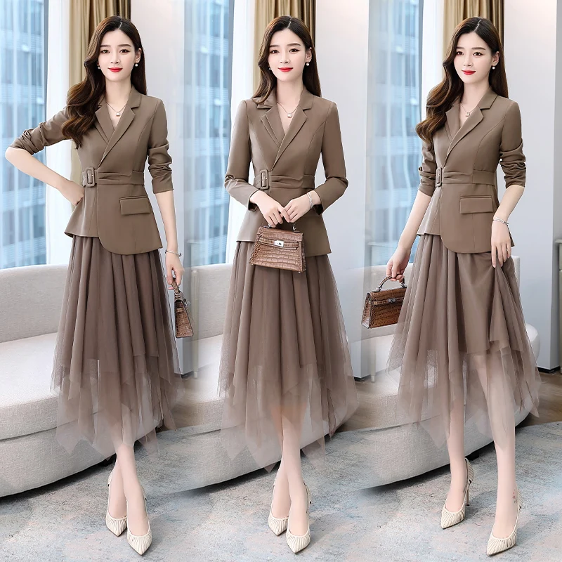 Women\'s Suit Blazer Jacket Asymmetrical Mesh Skirt Two Piece Sets Belt Elegant Women Coat Casual Office Lady Skirt Suits Set