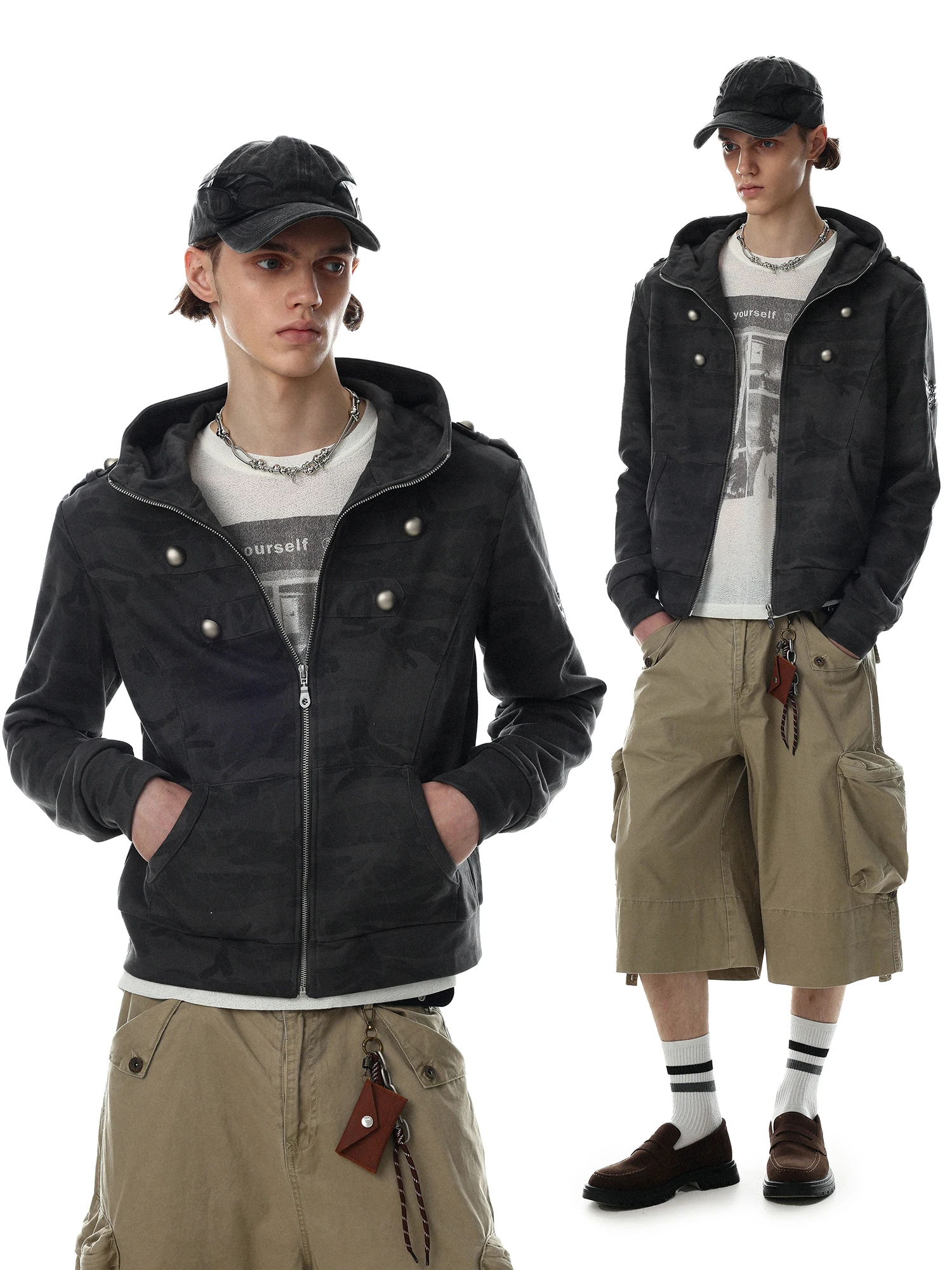 MRNEARLY American Retro Camouflage Hoodie Unisex Loose Street Short Trendy Outerwear Zipper Design Cotton Polyester Blend