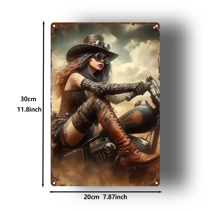 Vintage Motorcycle Girl Metal Sign, Steampunk Wall Art, 20x30cm Retro Bar Bedroom Kitchen Decor