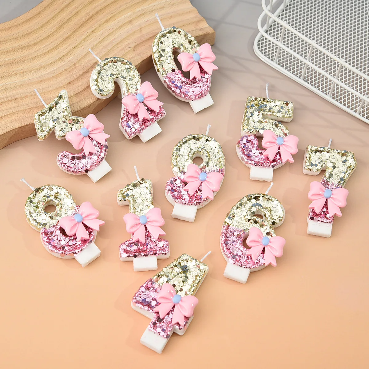 Pink bow-shaped sticker digital birthday candles - gold powder gradient candles, party gifts, birthday and anniversary candles