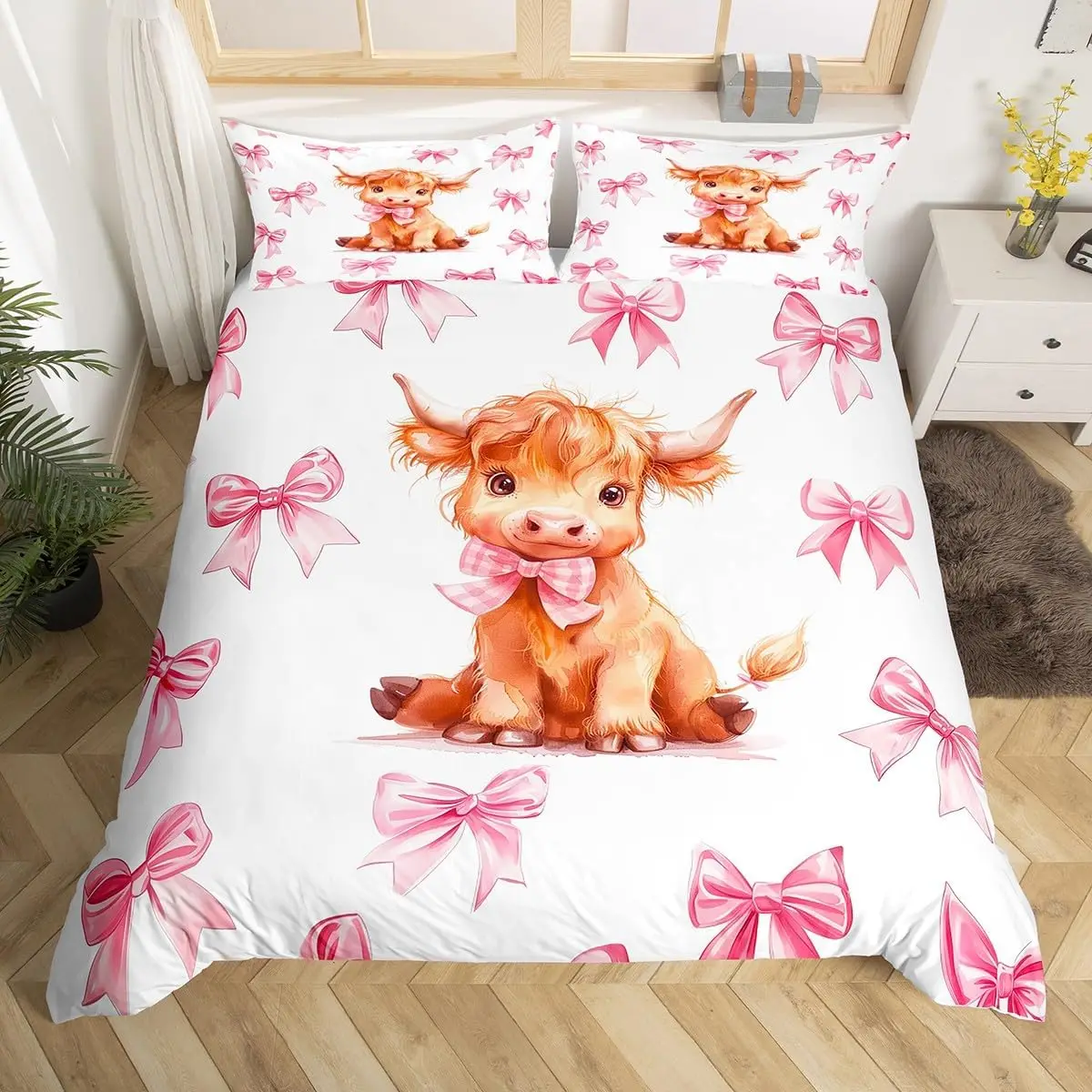 Kawaii Highland Cow Duvet Cover Set Single Size Pink Princess Bowknot Bedding Set With 1 Pillowcase For Girls Kids
