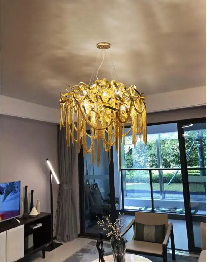

New Led Designer Chandelier Gold Luxury Aluminum Chain Tassel Lamp Living Room Villa Hotel Decorative Chandelier