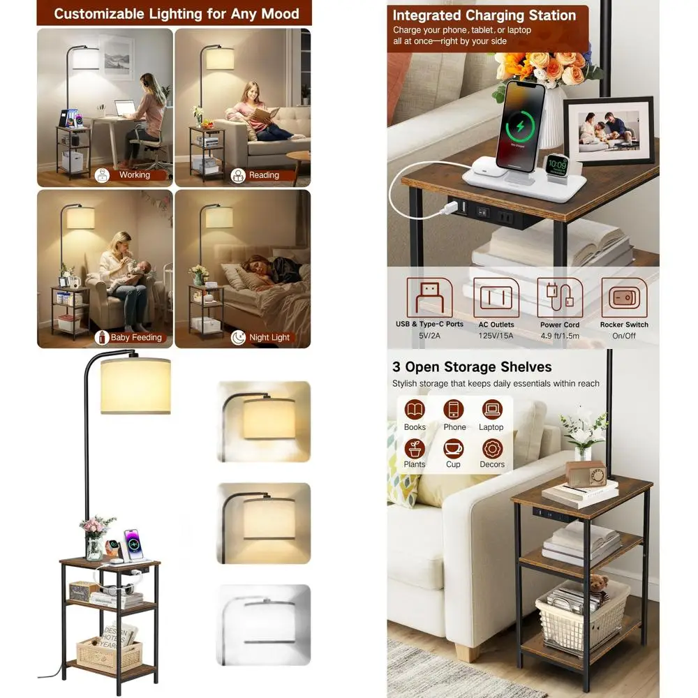 

Adjustable Floor Lamp with Table and Remote, Charging Side End Table, 3-Temperature Nightstand with 1-Hour Timer, 12W LED Bulb f