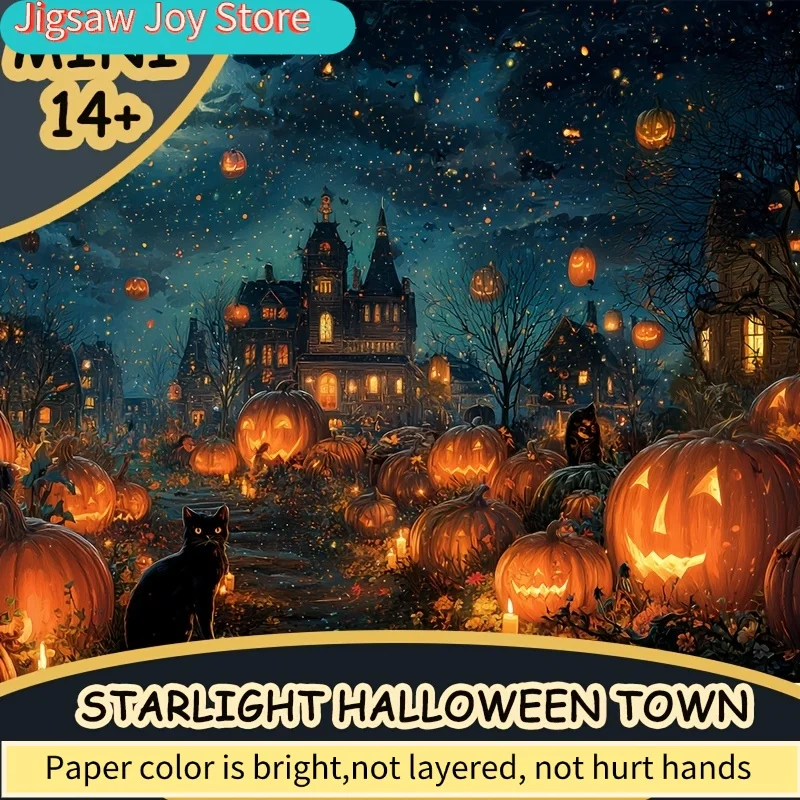1 Caixa de Quebra-Cabeças para Adultos Starlight Halloween Town, Ideal para Jogos de Festa e Atividades - Mosaico Colorido Encantador 15x10i