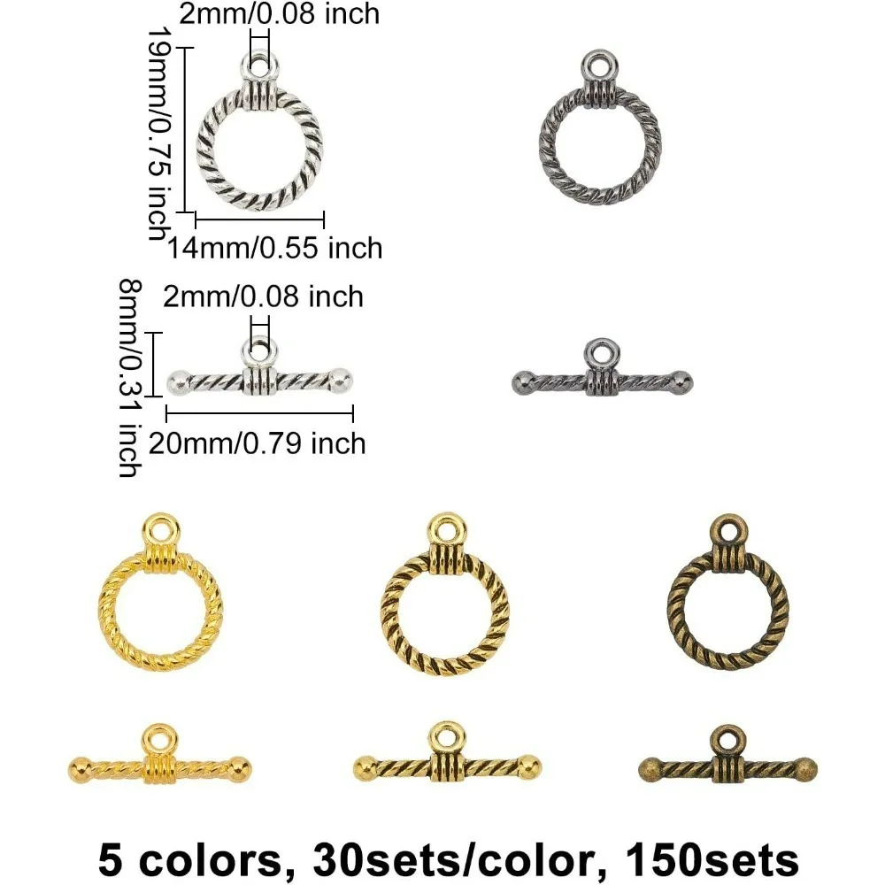 150 Sets 5 Colors Round Toggle Clasps Tibetan Style T-Bar Closure Bracelet Jewelry Clasp for Necklace Bracelet Jewelry Making