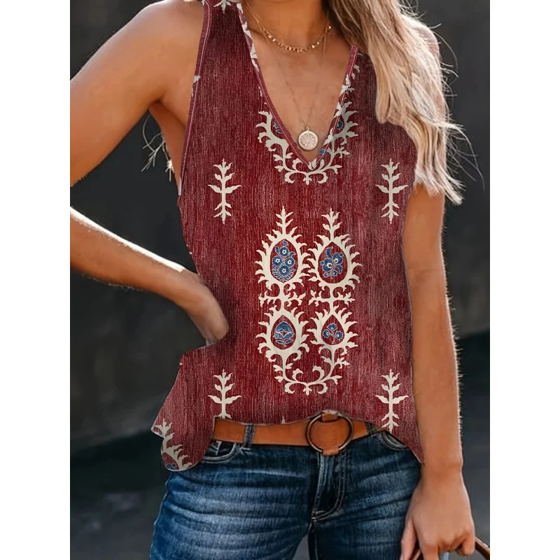 Women's Retro Bohemian Ethnic Print Sleeveless Vest - Lightweight Summer Fashion Top with Background