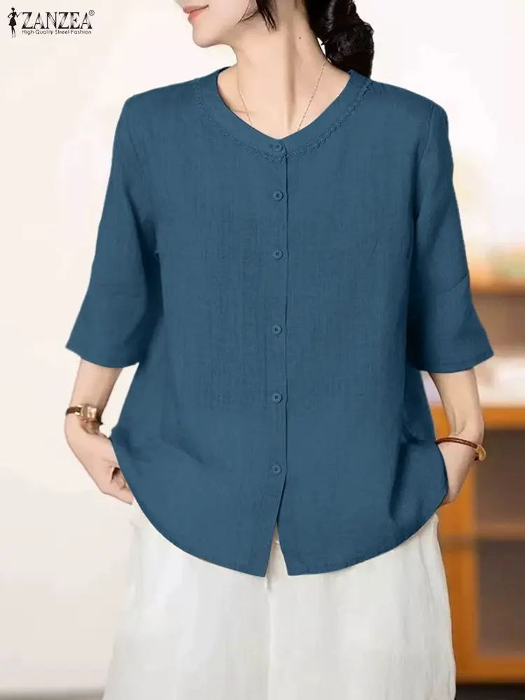 2025 ZANZEA Camicie da donna Moda Manica 3/4 Girocollo Solido Casual Top Estate Primavera Camicetta da donna Abbigliamento elegante Blusas