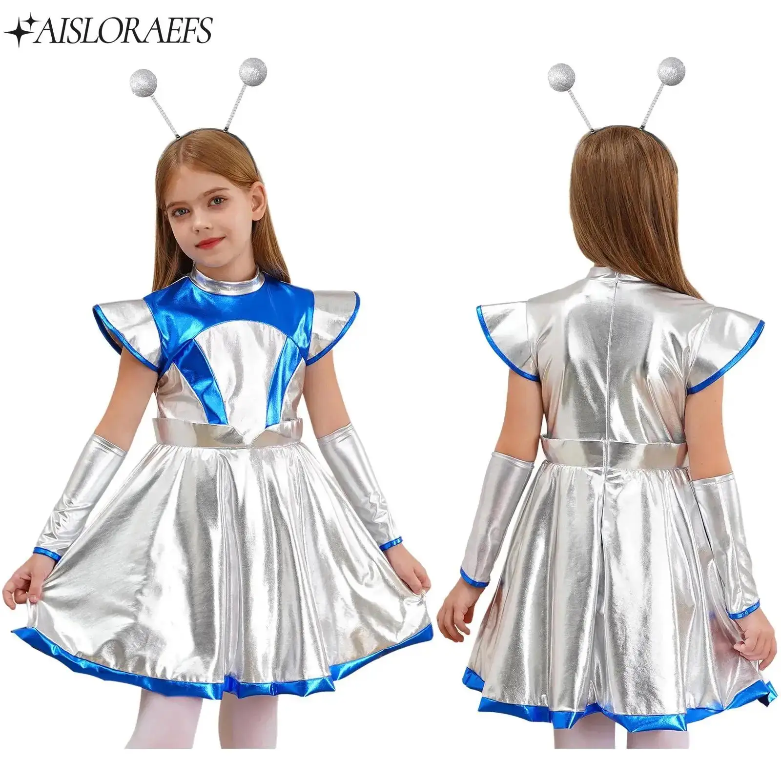 3Pcs New Kids Girls Alien Cosplay Costumes Sets Outer Space Cutie Dress with Accessories Halloween Performance Clothes Dancewear