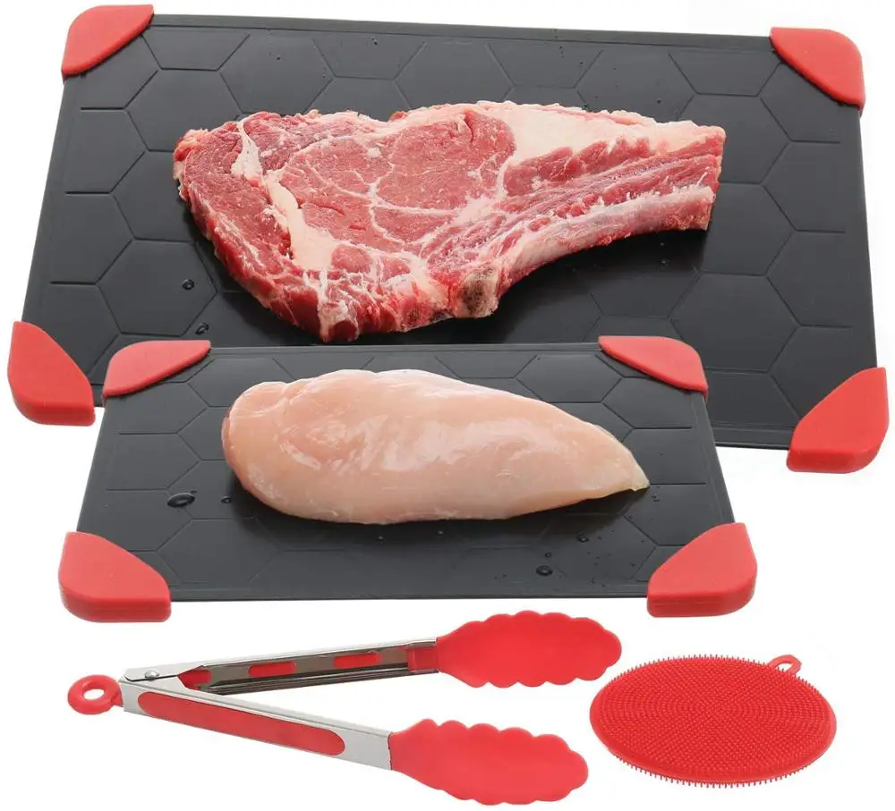 Rapid Defrosting Tray Set with Food-Grade Tongs & Cleaning Sponge | 3X Faster Thawing Plate for Meat Kitchen Accessories