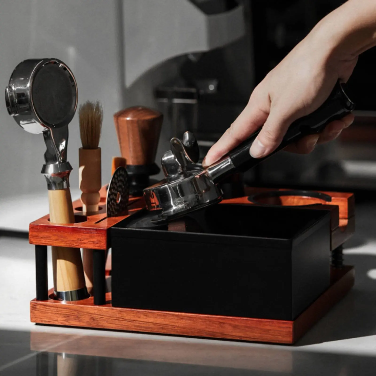 Wood Tamping Station Multi-Function Portafilter Dock Organizer Coffee Puck Press Base Organized Countertop for Home Baristas