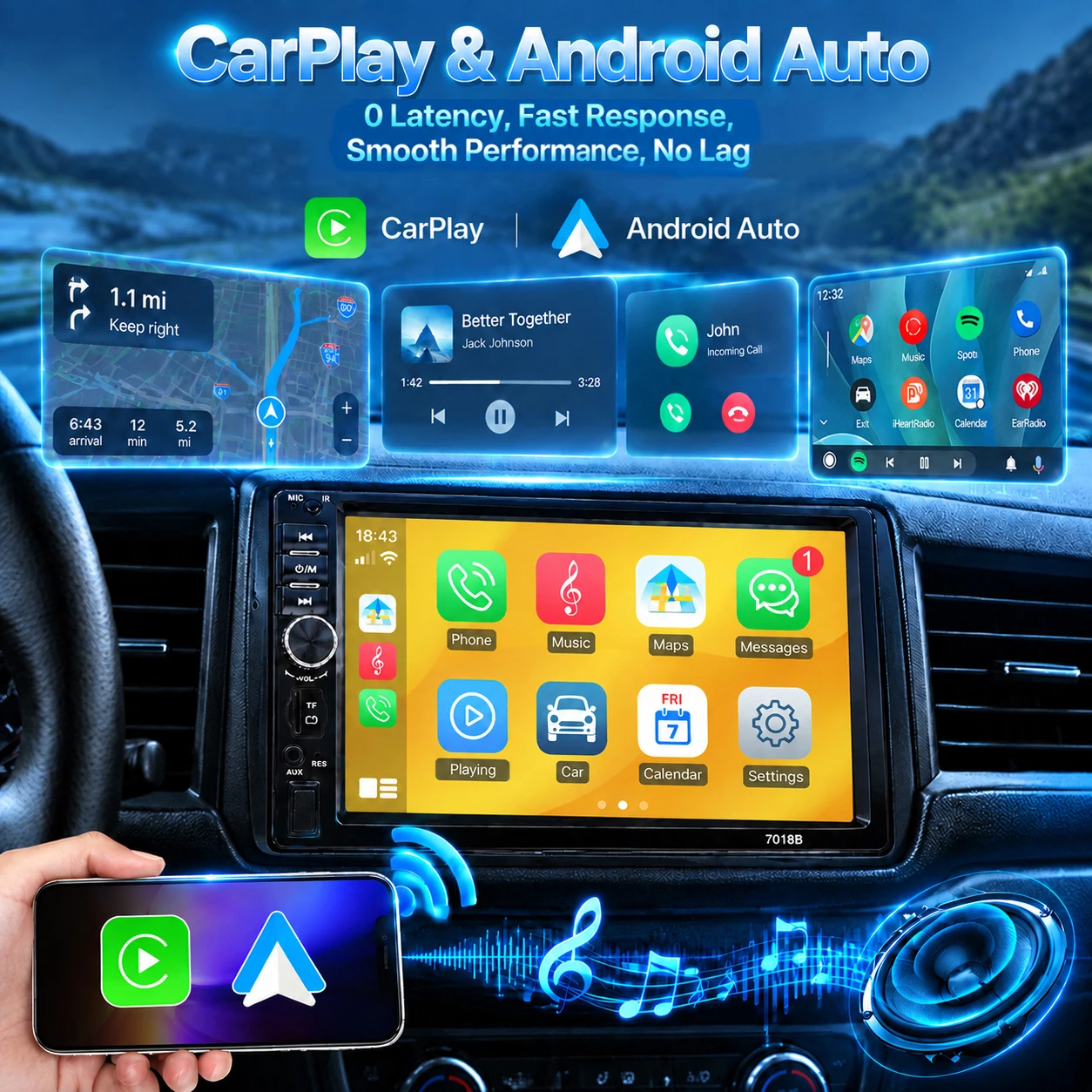 HIPPCRON Car Radio Wireless CarPlay Android Auto 7