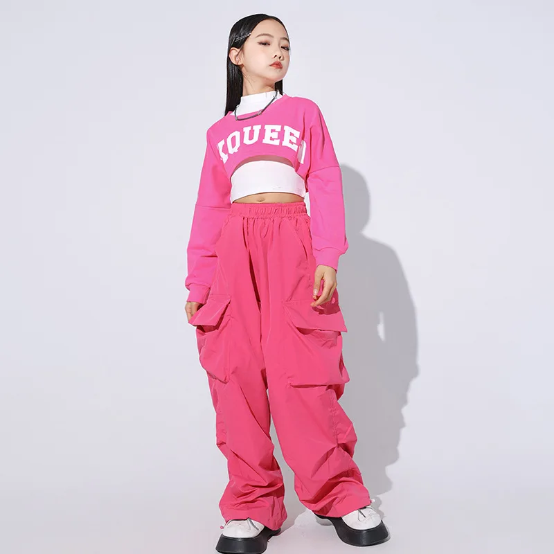 Girls Jazz Dance Outfit Set Hip Hop Girls Korean Style Pink Crop Top Kids Trendy Stage Performance Daily Practice Soft Dancewear view 2
