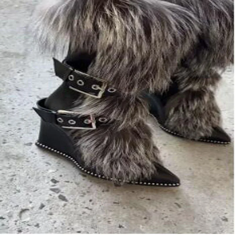 Winter New Women Black Leather Pointed Toe Metal Buckles Rivet Studded Real Fur Wedges Mid-calf Boots Female Short Boots Shoes