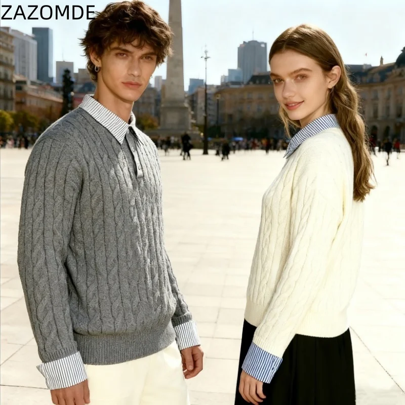 ZAZOMDE 2025 American Vintage Business Fake Two Piece Sweater Unisex Relaxed Fit Knit Pullover Retro Style Office Casual Wear