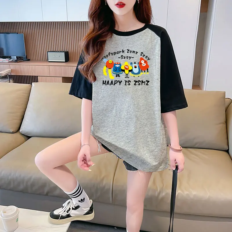 

2024 New American Retro Cartoon Contrast Raglan Short Sleeve T-shirt Women's Summer New Loose T-shirt Kawaii Clothes