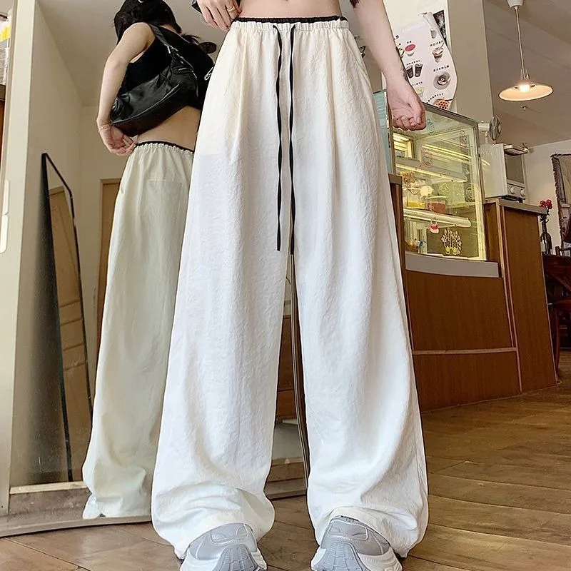 Color-block Ice Silk Wide-leg Pants for Women, Summer Thin New High-waist Loose Small-size Textured Straight Pants