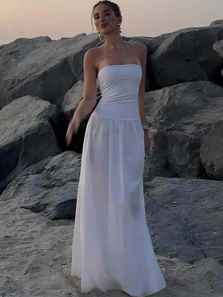 

kliou Classic Solid Women Maxi Dresses Summer New Wrapped Chest Patchwork A-line Simple Bodycon Female Strapless Street Vestidos