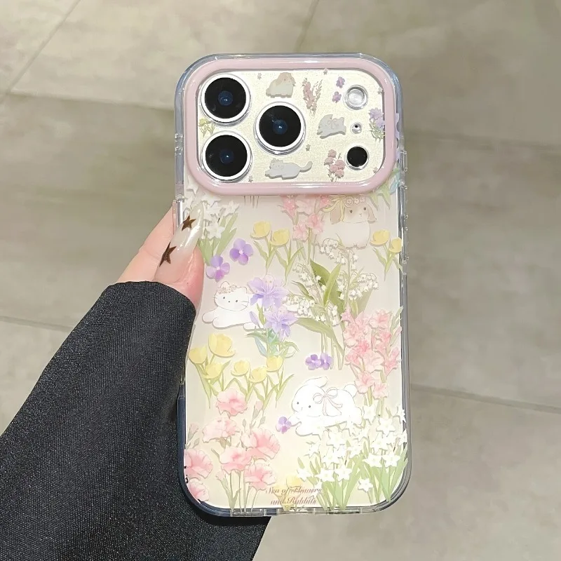 Fresh Flower Rabbit Cat Pattern Shockproof Phone Case For iPhone 11 12 13 14 Pro 15 16 17 Pro Max Cartoon Protection Back Cover