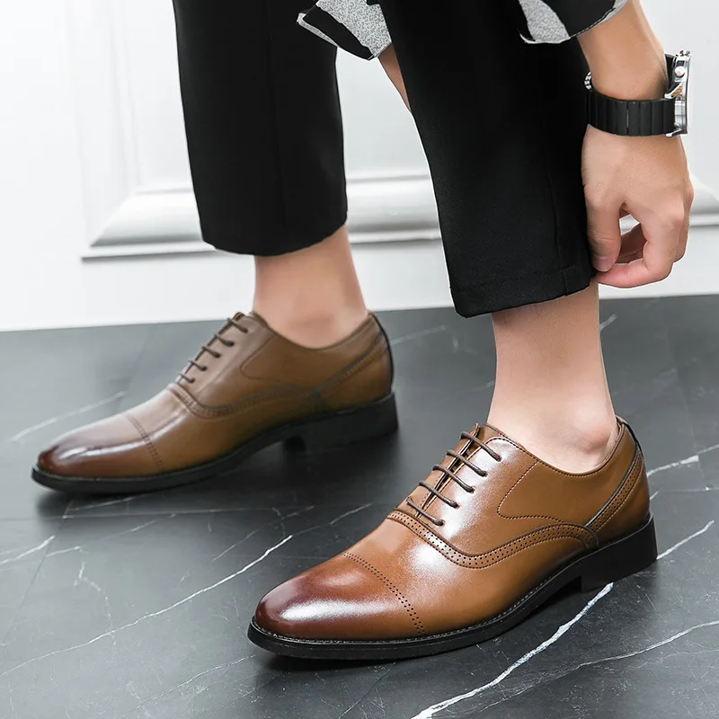 Men Casual Leather Shoes Fashion Classic Brogues Luxury Genuine Cow Leather Handmade Thick Heels Black Male Wedding Formal Shoes
