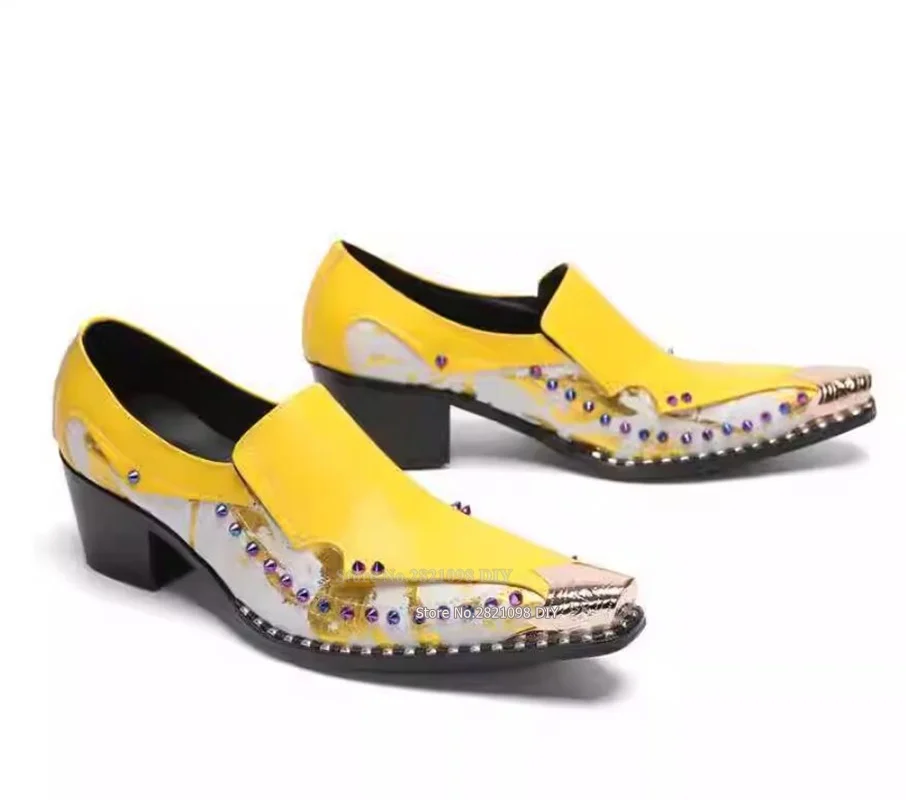 

European Trendy Party Shoes Yellow Leather Match Color Purple Gem Men Business Dancing Dress Shoes Point Toe Oxford Shoes