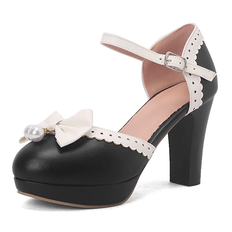 

Женские туфли Лолита на высоком каблуке, новинка 2023 года, милые туфли-лодочки с ремешком и милым бантом, белые телесные, черные свадебные туфли для девочек, большой размер 45