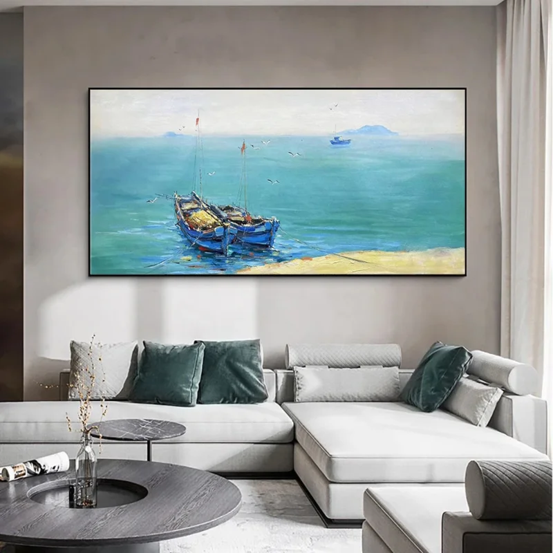 Handmade Boat Oil Painting on Canvas, Large Sand Landscape Oil Painting, Hand Painted, Wall Art, Living Room Bedroom Decoration