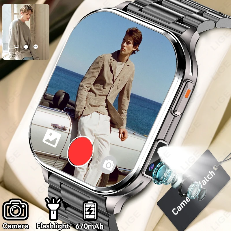 

LIGE New 670mAh Smart Watch With Camare Take Photos And Videos Play Local Music Watches Flashlight BT Call Waterproof Smartwatch