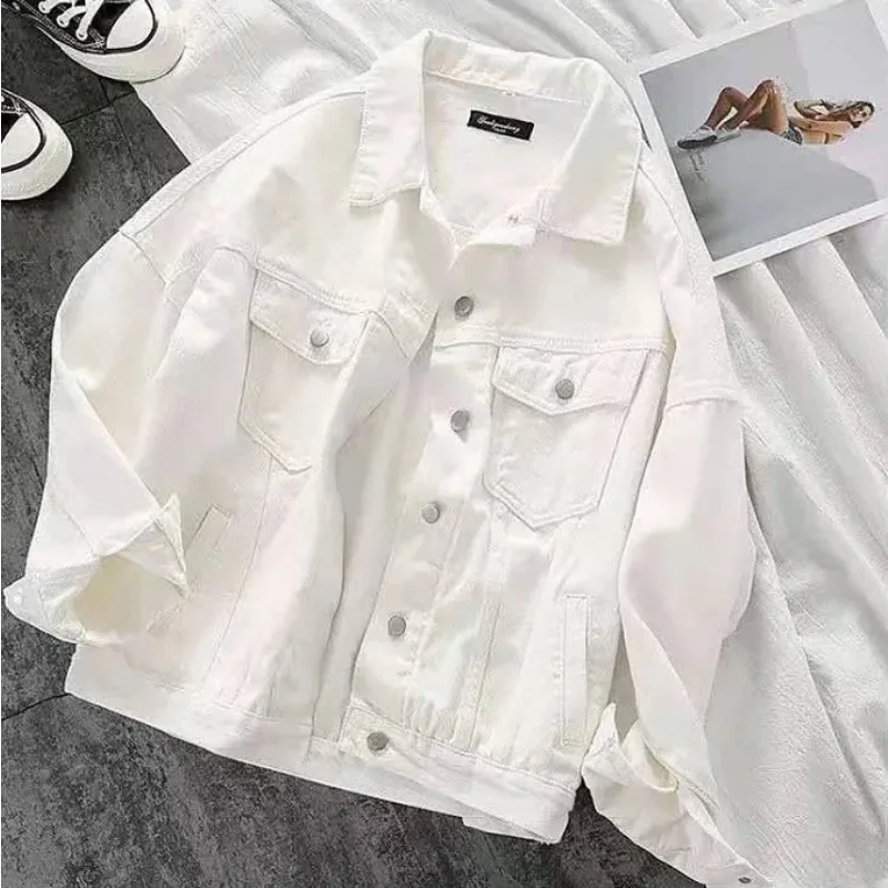 

New Style White Cotton Womens Denim Jacket Long Sleeve Loose Fit Vintage Casual Coat