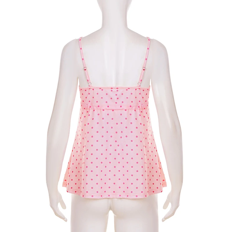 SUCHCUTE Chic Süße Nette Polka Dot Print Bogen Spitze-up Leibchen Frauen V-ausschnitt Ärmel Crop Top Y2k Streetwear schlank Tanks Sommer – Detail 6