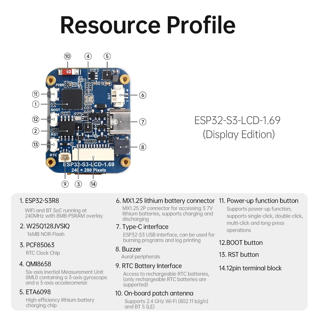 ESP32-S3 1,69-Zoll-IPS-Touch-LCD-Display-Entwicklungsboard 240×280 ST7789V2 SPI-Displaymodul 6-Achsen-Sensor Elektronik-Kit – Detail 14