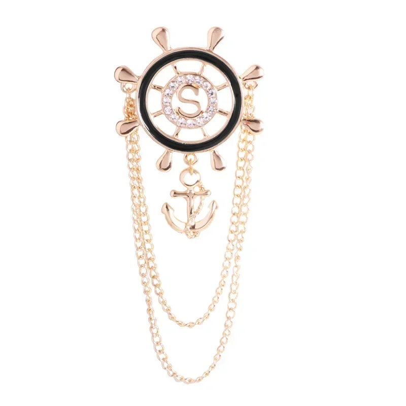 New Crystal Rudder Brooch Anchor Rhinestone Tassel Chain Lapel Pin Men\'s Suit Collar Pins Fashion Brooches for Women Jewelry