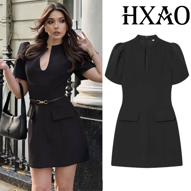 

HXAO Women's Black Dress Puff Sleeve Elegant Party Dresses Summer Fitted Office Woman Casual Dresses Ruched Cut Out Short Dress