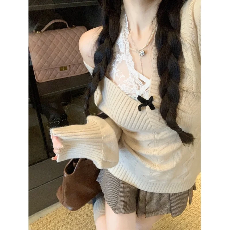 Retro Soft Long Sve V-Ne Knot Sweater Women's Winter New Waist-Cinching Slimming Versatile Knitted Top