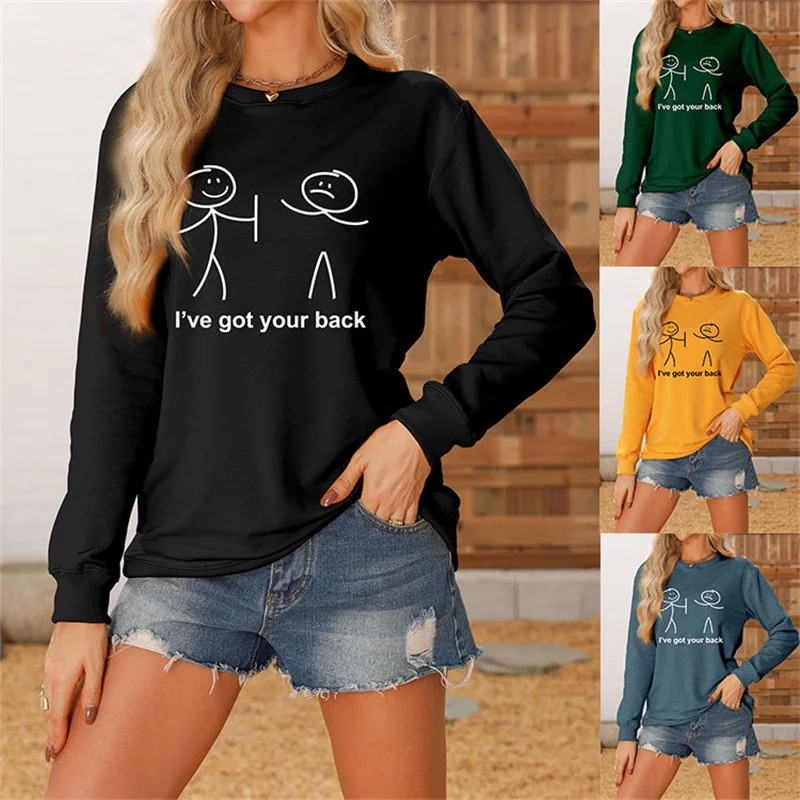 New fashion autumn and winter casual hoodie i've got your back letter-printed vintage round neck comfortable long sleeve top