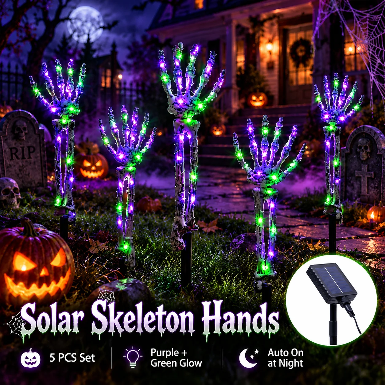Halloween Solar Garden Lights 5PCS Skeleton Hand Stake Lights Purple Green LED Outdoor Yard Lawn Graveyard Decorations