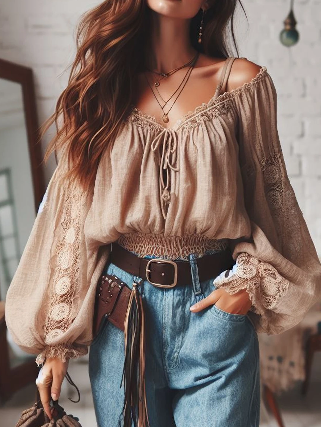 

Элегантная женская блузка с рукавами-фонариками, сексуальная укороченная рубашка с открытыми плечами и v-образным вырезом, длинным рукавом на шнуровке, шикарная этническая укороченная рубашка в стиле ретро, осень