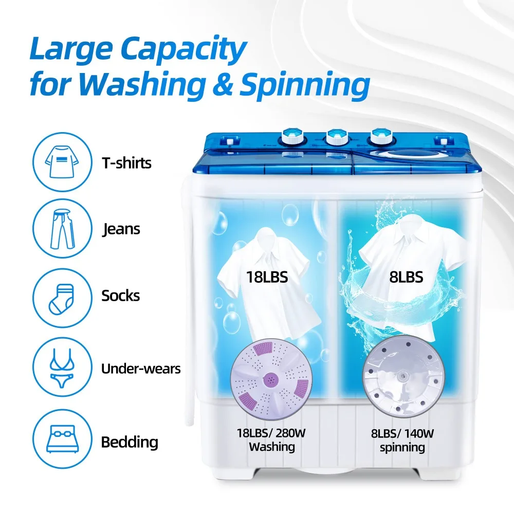 Washing Machine, Washer & Dryer Combo, Twin Tub Laundry 2 In 1 Washer(18Lbs) & Spinner(8Lbs) with Built-in Gravity Drain Pump