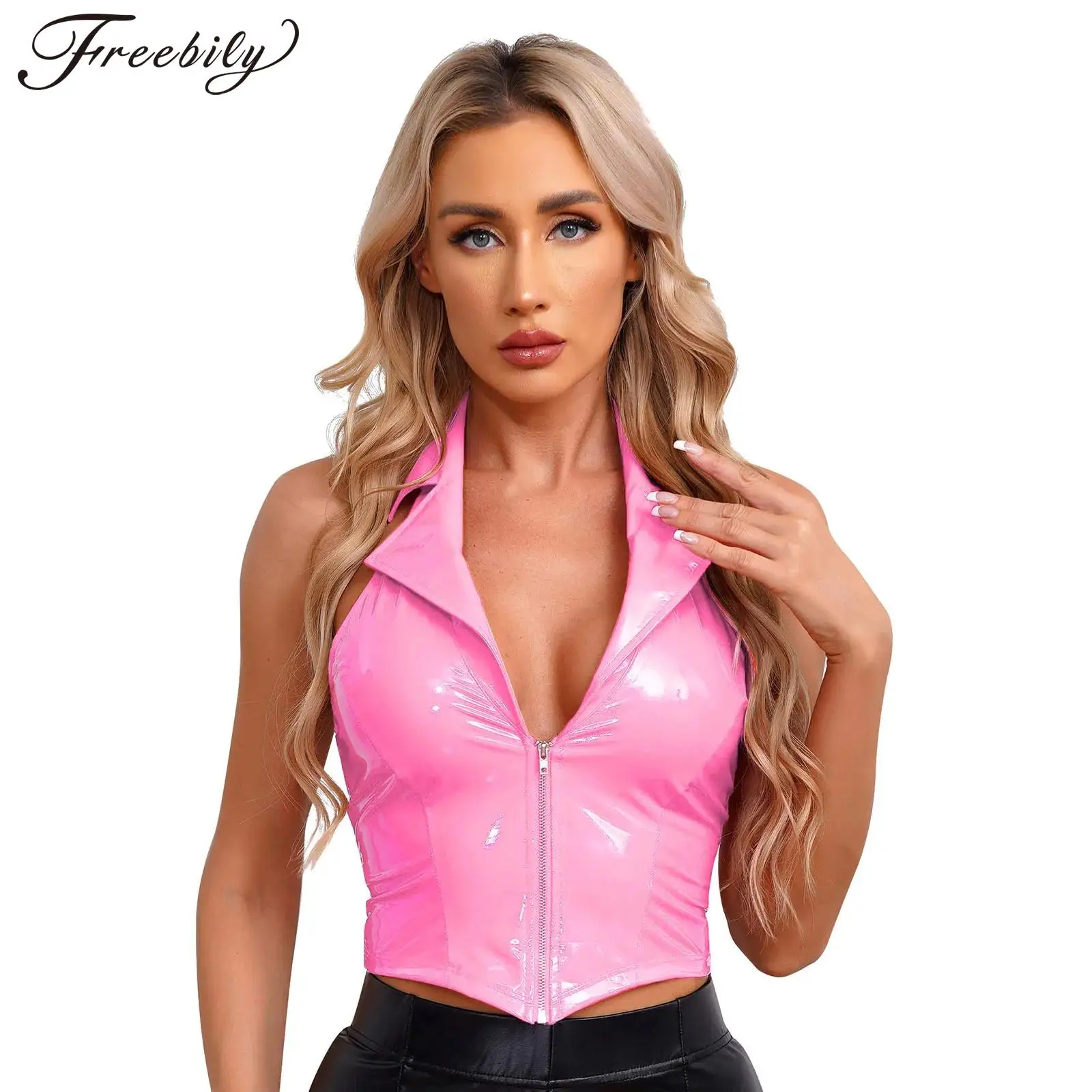 Women Wet Look Patent Leather Vest Halter Backless Deep V Zipper Slim Fit Tank Tops Rave Nightclub Pole Dancing Costume Clubwear